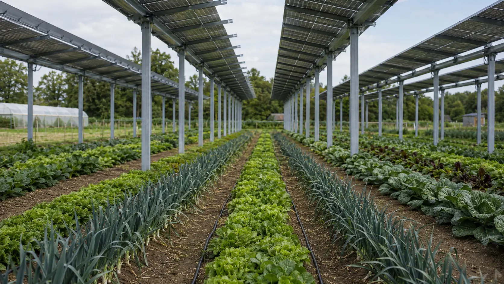 Cultures maraîchères soignées sous des panneaux photovoltaïques surélevés, exemple d’agrivoltaïsme