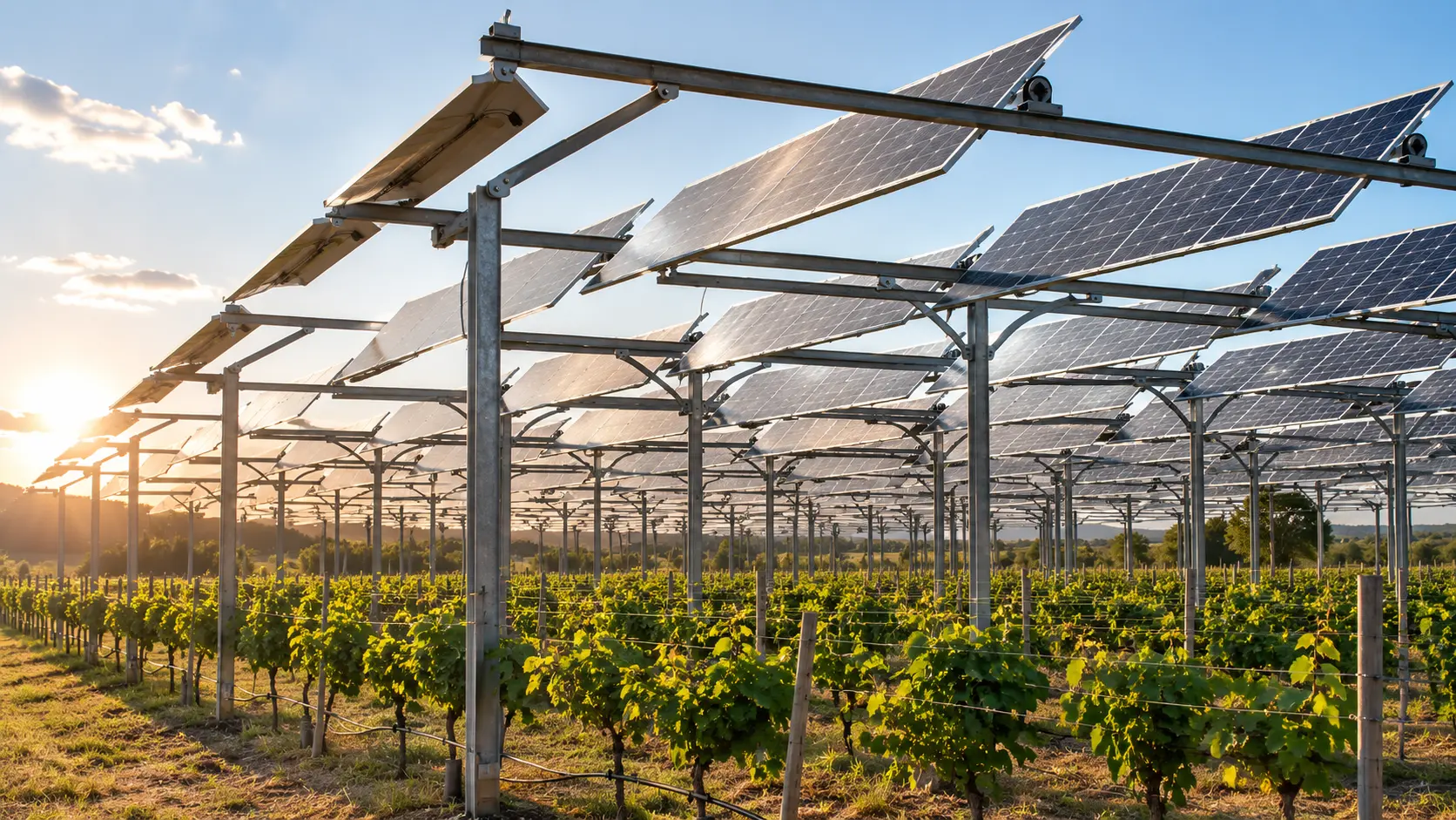 Panneaux photovoltaïques surélevés au-dessus d’une vigne, illustrant une installation agrivoltaïque