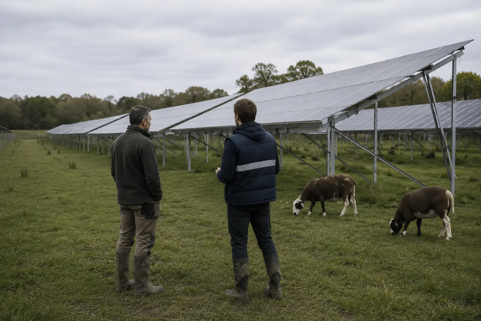 Un exploitant et un technicien observent une installation agrivoltaïque, illustrant le modèle de tiers-investissement