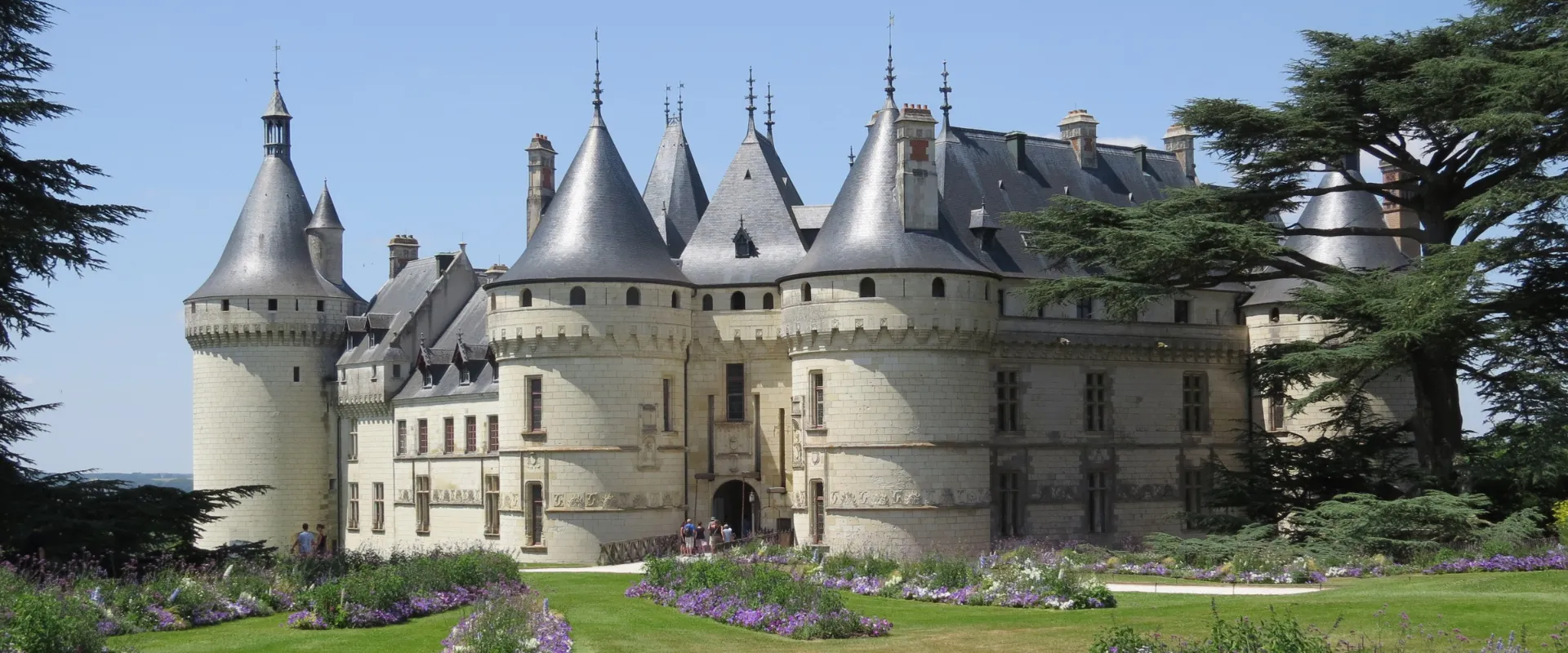 Château de Chenonceau avec tours pointues, murs blancs et jardins fleuris violets.