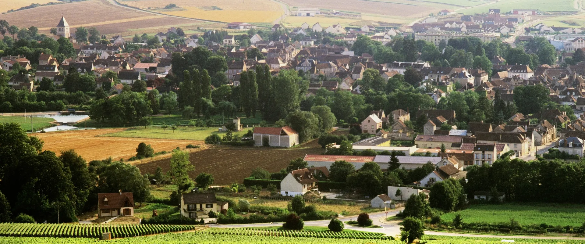Village de Bourgogne avec vignobles, église et paysage agricole vallonné.