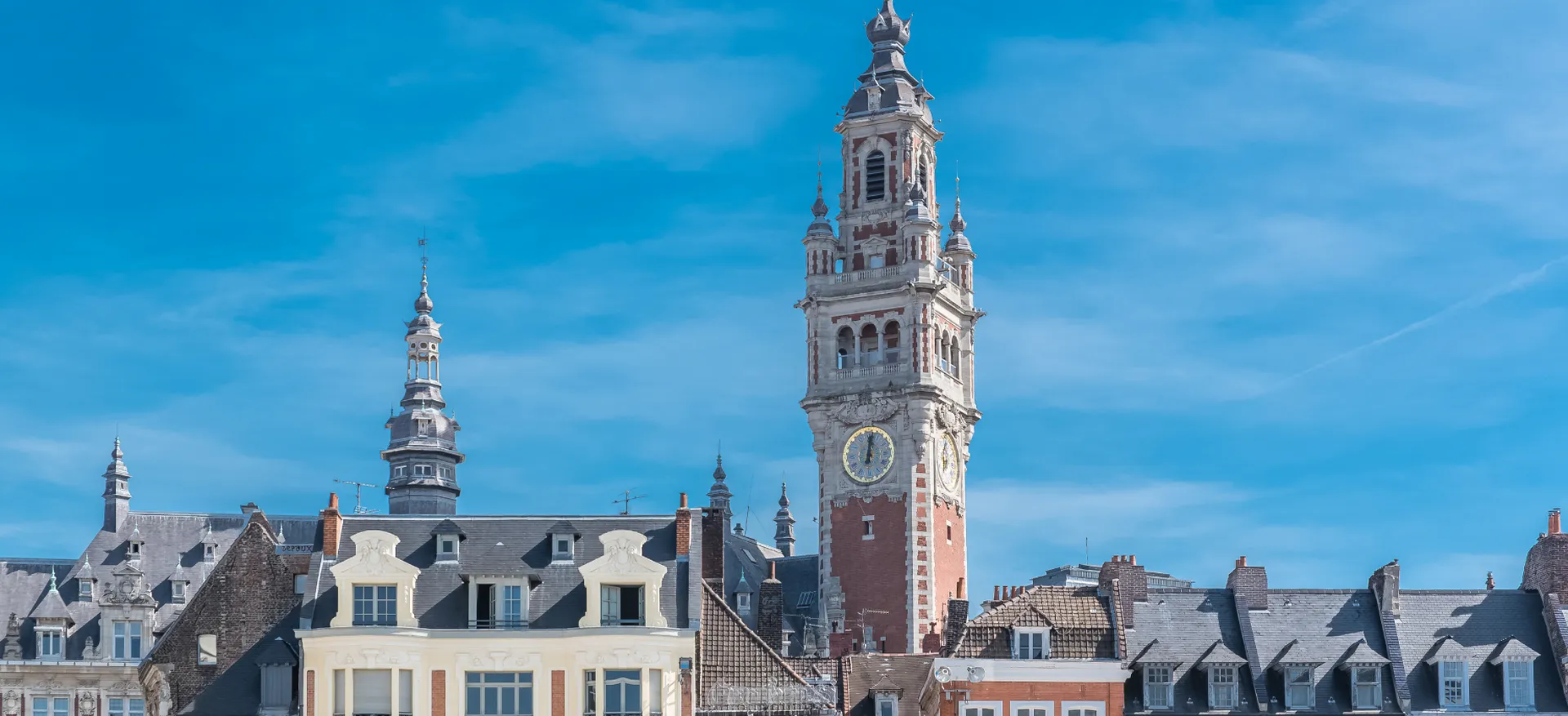 Toits en tuile flamande à Lille avec panneaux solaires sous ciel nordique