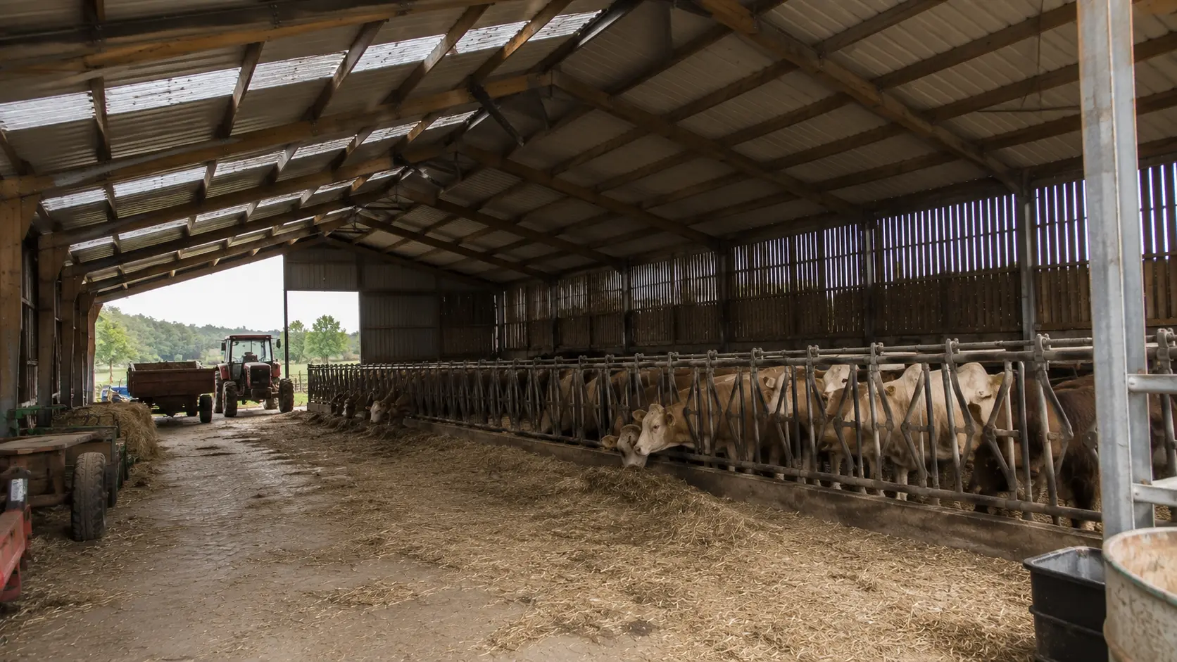Intérieur d’un hangar agricole avec toiture photovoltaïque : matériel et stockage