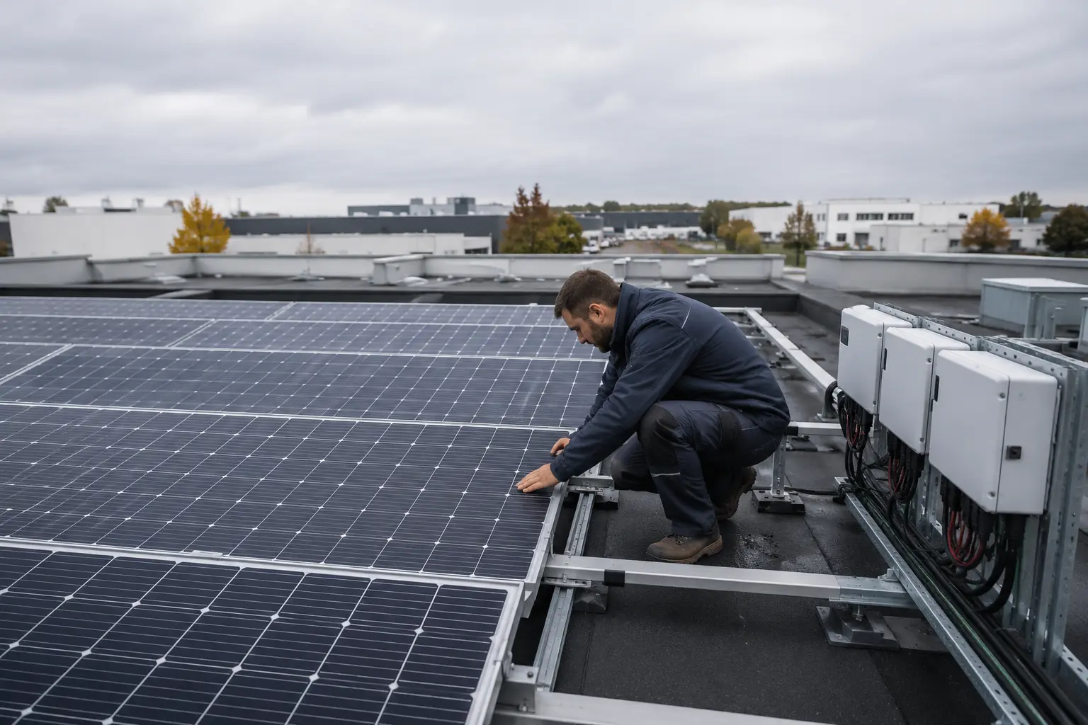 Technicien exploitant une installation photovoltaïque sur la toiture d’un bâtiment, illustrant le tiers-investissement