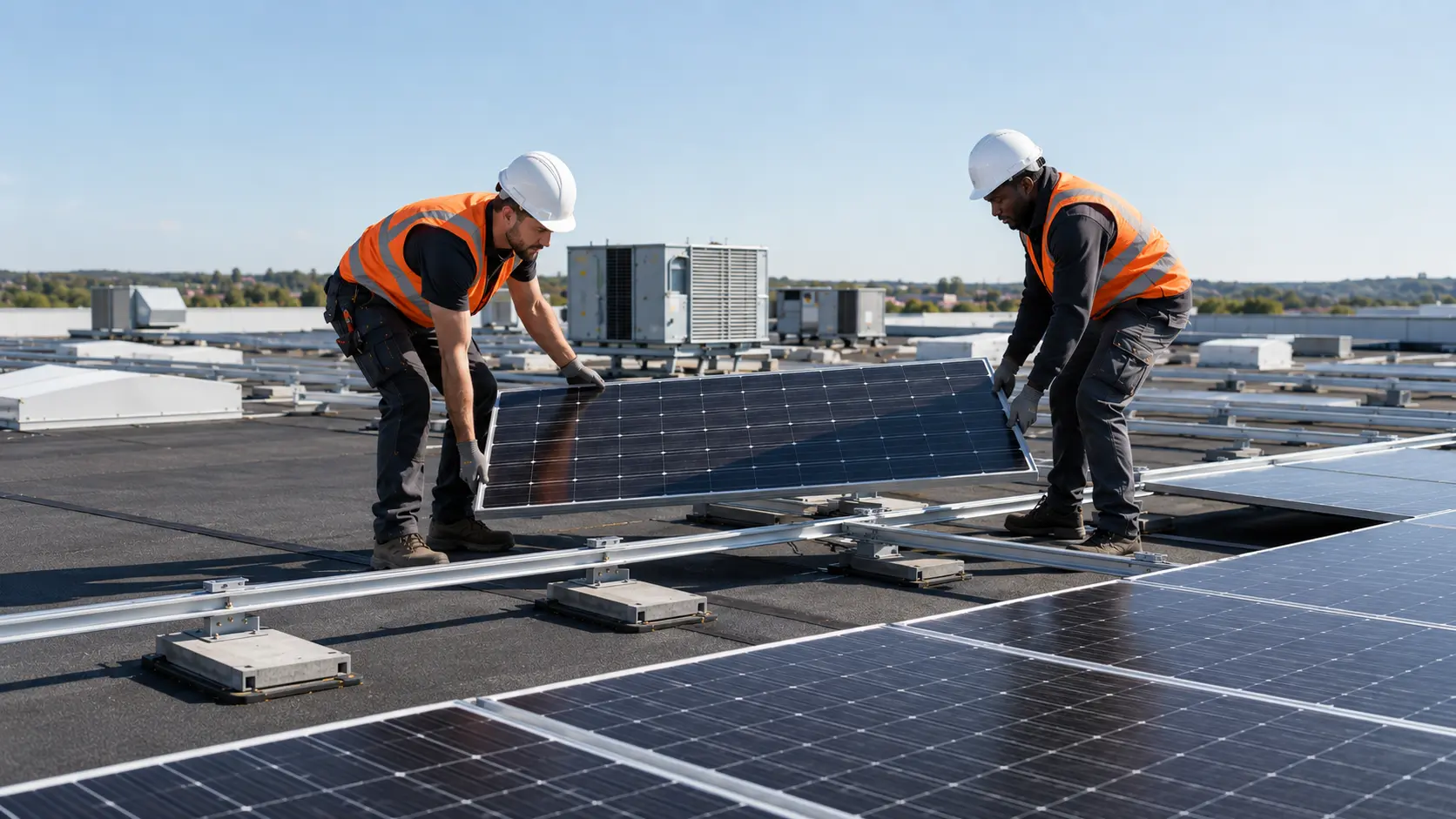 Techniciens installant des panneaux photovoltaïques sur la toiture plate d’un bâtiment commercial