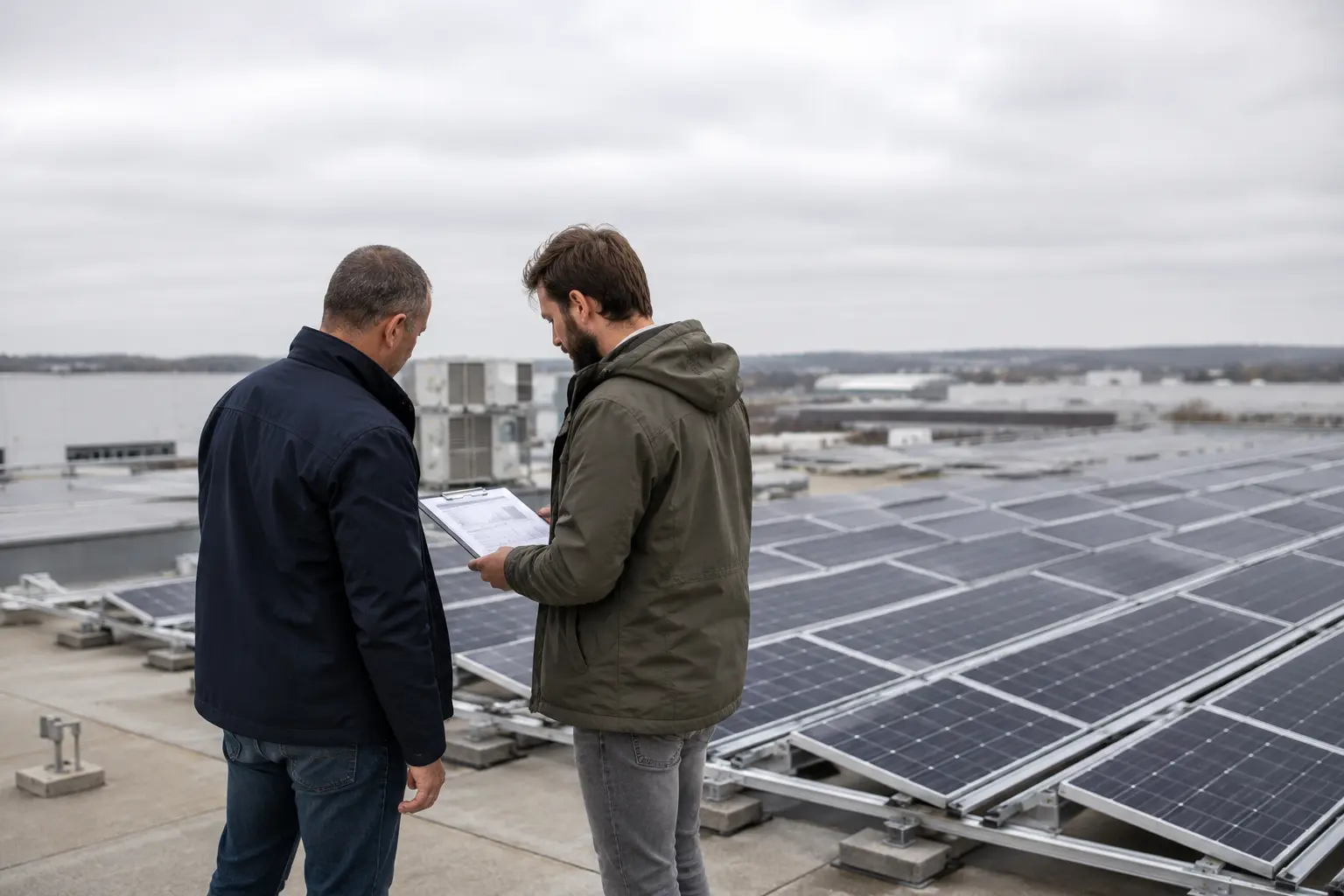 Un gestionnaire de bâtiment et un conseiller étudient un projet de solarisation sur une toiture, illustrant le tiers-investissement