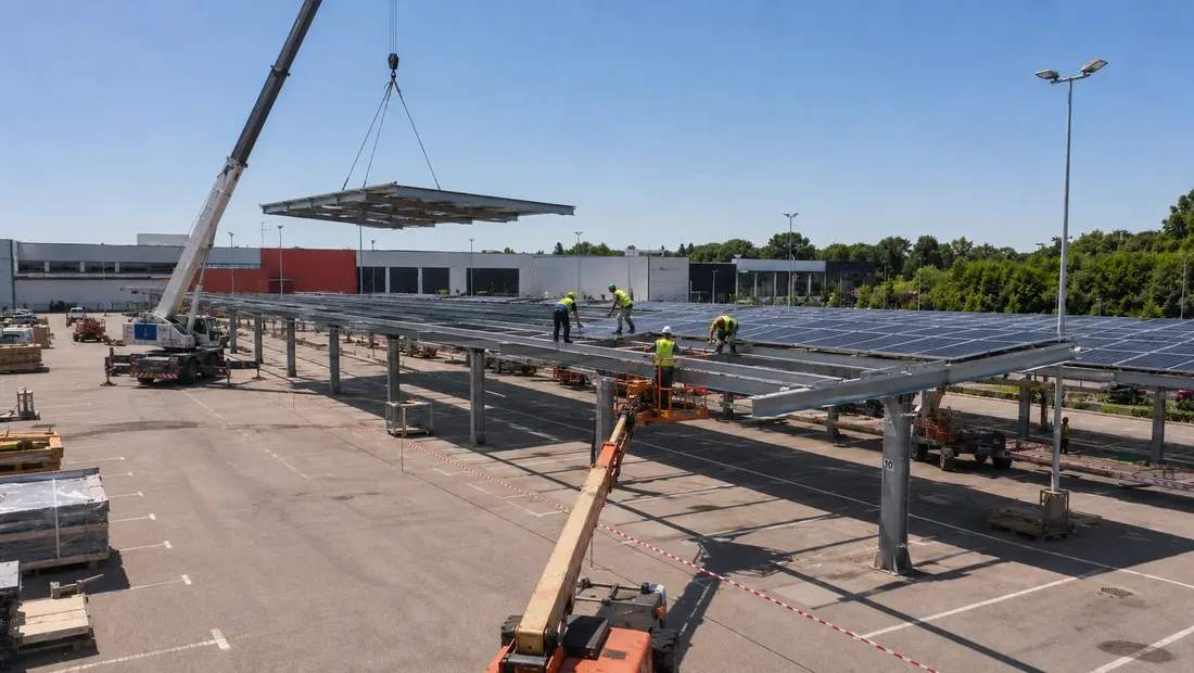 Chantier d’installation d’ombrières photovoltaïques sur un parking