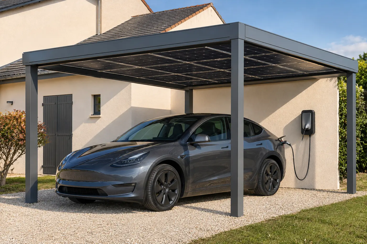 Carport solaire photovoltaïque avec voiture garée