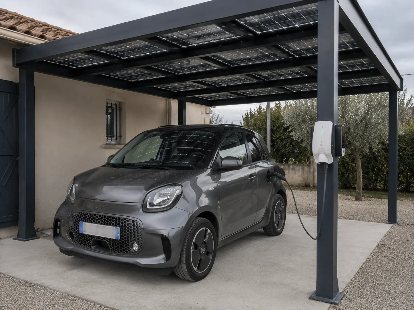 Voiture électrique en recharge sous carport solaire