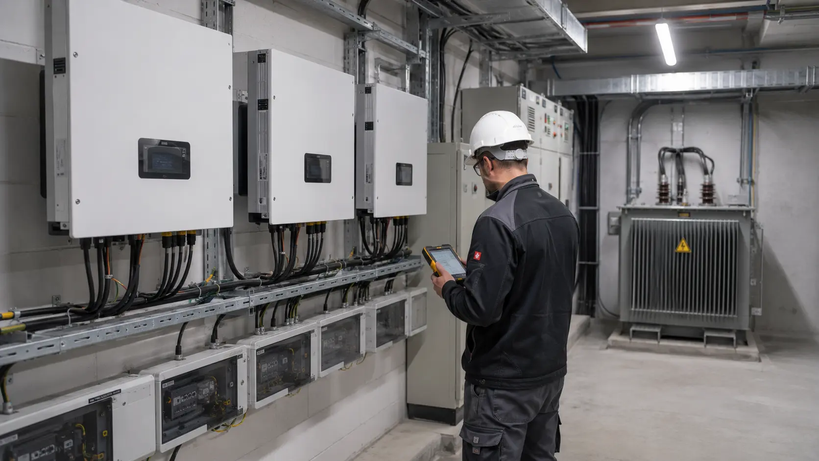 Local technique électrique d’un bâtiment industriel : onduleurs et poste de transformation