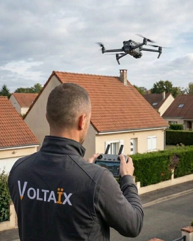 Technicien Voltaïx pilotant un drone DJI pour l'étude photovoltaïque d'une toiture