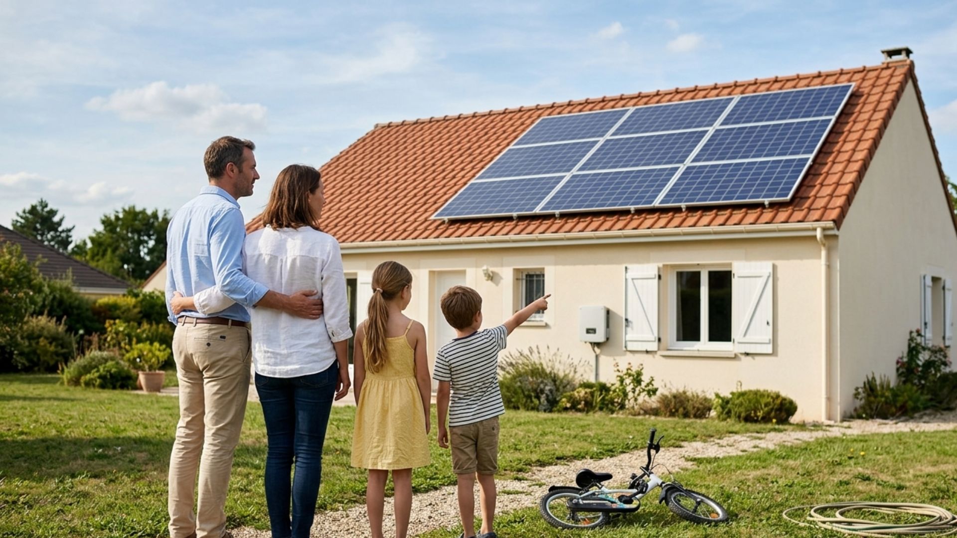 Famille devant maison équipée de panneaux solaires