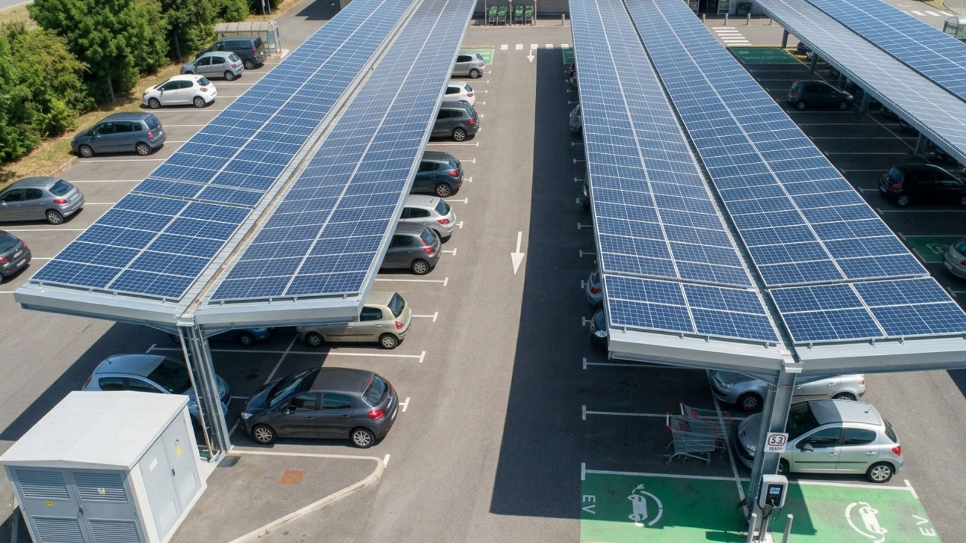 Ombrière photovoltaïque sur parking conforme loi APER — Réseau RGE QualiPV