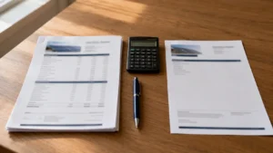 Deux devis d'installation photovoltaïque posés côte à côte sur un bureau, avec une calculatrice, illustrant la comparaison des prix entre installateurs