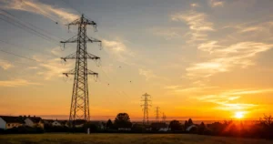 Lignes électriques et pylônes du réseau de distribution français au coucher du soleil, illustrant la part réseau de la facture d'électricité