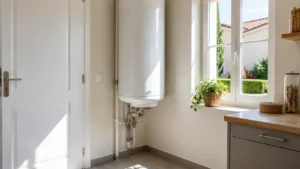 Ballon d'eau chaude électrique fixé au mur d'une buanderie, éclairé par la lumière directe de la mi-journée, illustrant le déplacement des heures creuses vers l'après-midi