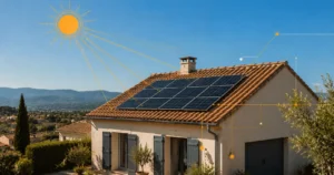 Toit de maison individuelle équipé de panneaux solaires photovoltaïques sous un ciel ensoleillé, illustrant la production d'électricité réelle d'une habitation