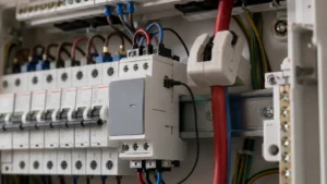 Routeur solaire installé sur rail DIN dans un tableau électrique domestique français, pince ampèremétrique posée sur le câble de phase, illustrant le pilotage du surplus photovoltaïque vers le ballon d'eau chaude
