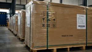 Modules photovoltaïques emballés sur palettes dans une zone portuaire de conteneurs, illustrant les exportations chinoises de panneaux solaires vers l'Europe