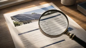Devis d'installation photovoltaïque examiné à la loupe sur un bureau, symbolisant la vérification d'un contrat avant signature
