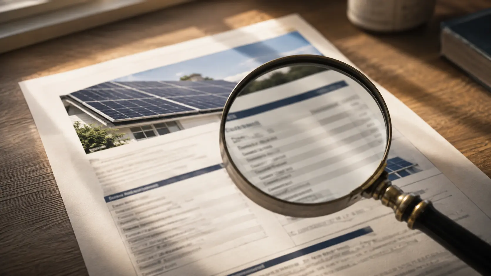 Devis d'installation photovoltaïque examiné à la loupe sur un bureau, symbolisant la vérification d'un contrat avant signature